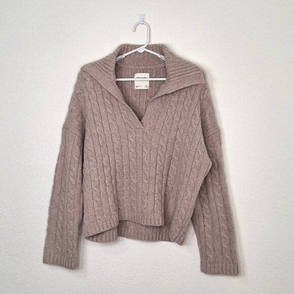 Abercrombie & Fitch Cable Sweater Sz M Oversized Notch-Neck Preppy Boho Neutral - Picture 2 of 13